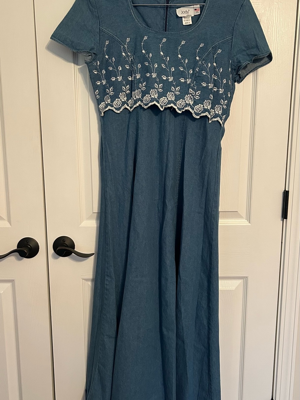 Vintage Jody Of California Denim Blue Floral Jean Long Dress Women Size 9 USA